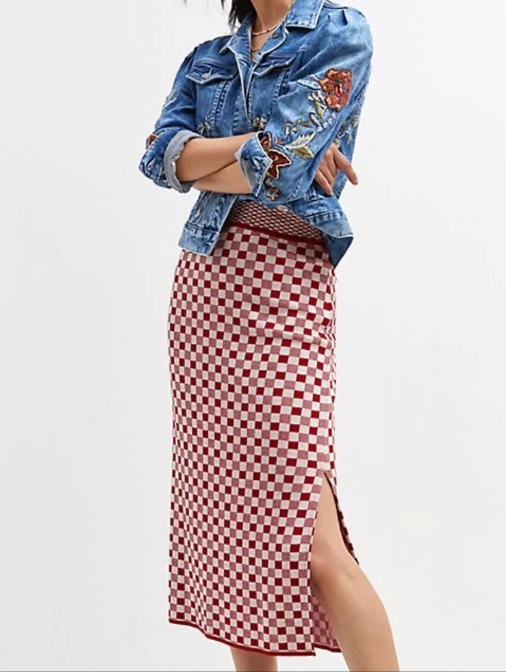Cecilia Prado Checked Midi Knit Skirt in Red and White